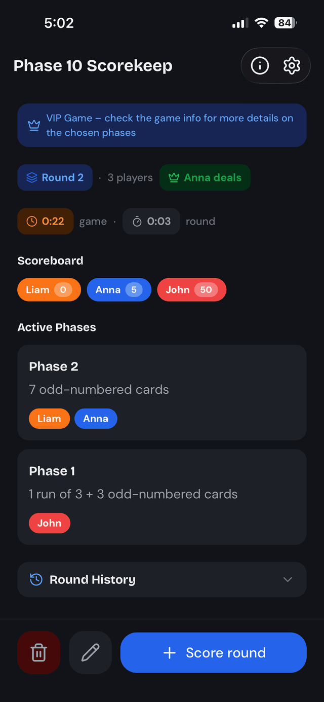 Phase 10 Scorekeep active game screen